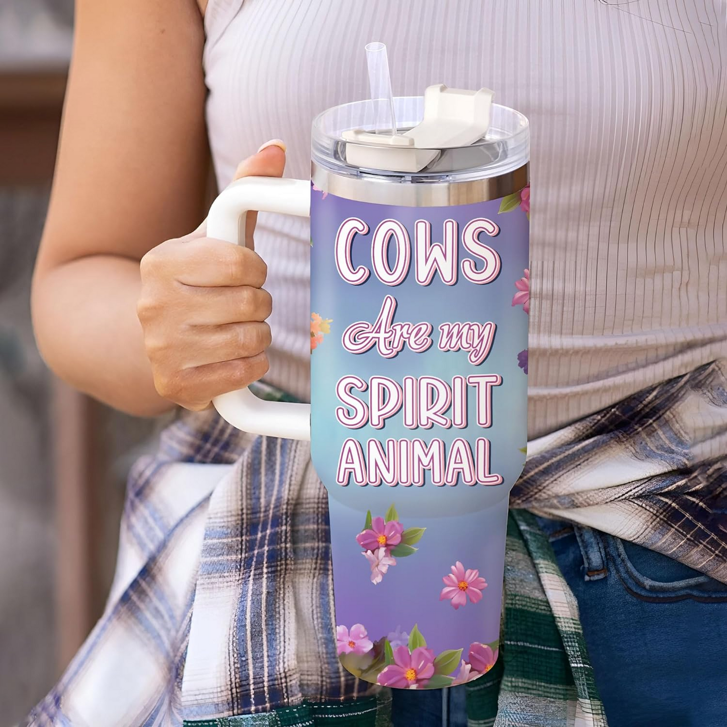 Cow Lover Tumbler 40oz with Handle & Straw – Personalized Stainless Steel Insulated Travel Cup with Lid – Cute Birthday Gift for Farm Animal Lovers