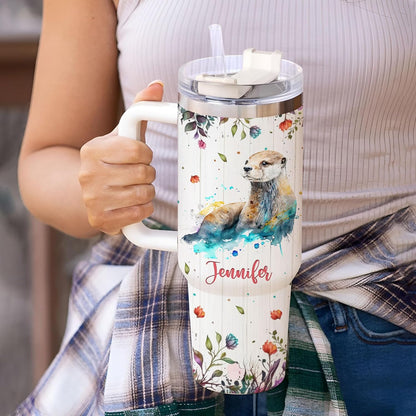 Cute Otter Tumbler 40oz with Handle & Straw – Personalized Stainless Steel Insulated Travel Cup with Lid – Fun Gift for Ocean Lovers