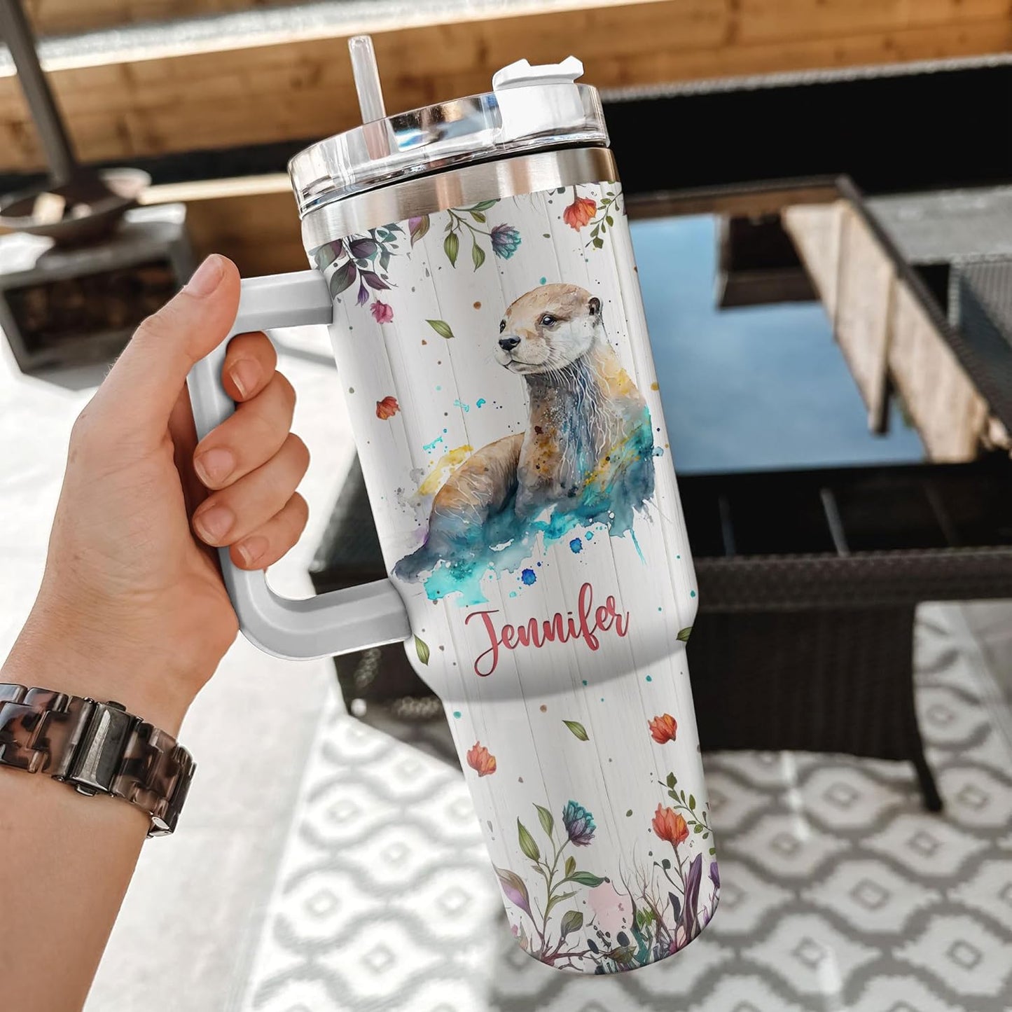 Cute Otter Tumbler 40oz with Handle & Straw – Personalized Stainless Steel Insulated Travel Cup with Lid – Fun Gift for Ocean Lovers