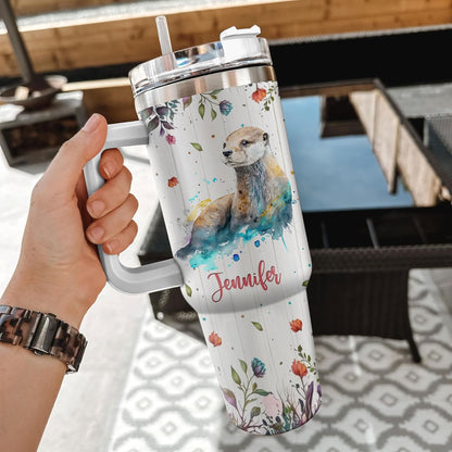 Cute Otter Tumbler 40oz with Handle & Straw – Personalized Stainless Steel Insulated Travel Cup with Lid – Fun Gift for Ocean Lovers