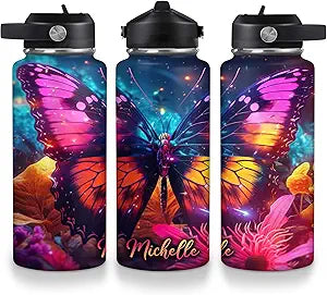 Butterfly Water Bottle 32oz – Travel Insulated Stainless Steel Bottle with Leak-Proof Lid – Personalized Colorful Butterfly Gift for Women