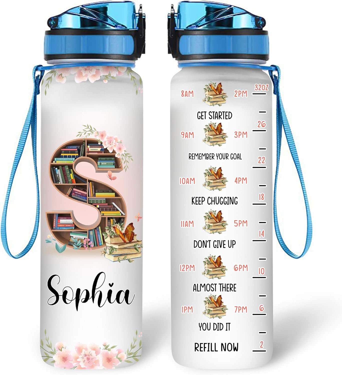 Book Lover Water Bottle Tracker 32oz – Personalized Motivational Water Bottle with Time Marker – Gift for Readers & Writers