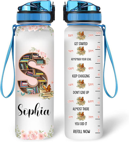 Book Lover Water Bottle Tracker 32oz – Personalized Motivational Water Bottle with Time Marker – Gift for Readers & Writers