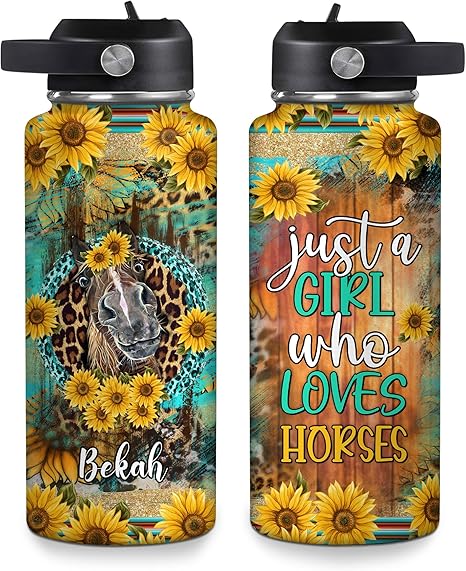 Sunflower Western Horse “Just a Girl Who Loves Horses” Water Bottle 32oz – Personalized Stainless Steel Insulated Bottle with Leak-Proof Lid – Creative Gift for Horse Lovers