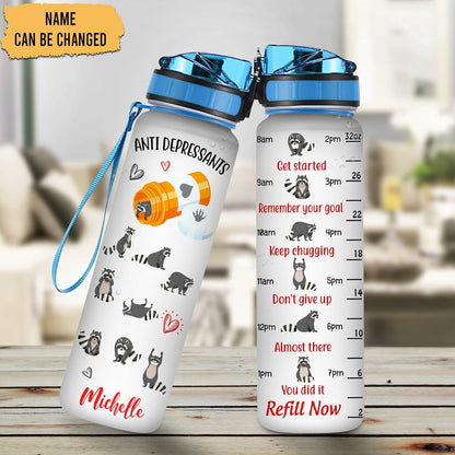 Funny Raccoon Anti Stress Water Bottle Tracker 32oz – Personalized Motivational Water Bottle with Time Marker – Unique Gift for Animal Lovers