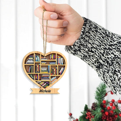 Heart-Shaped Bookshelf Wood Ornament – Personalized Christmas Gift for Librarian, Teacher, or Book Lover