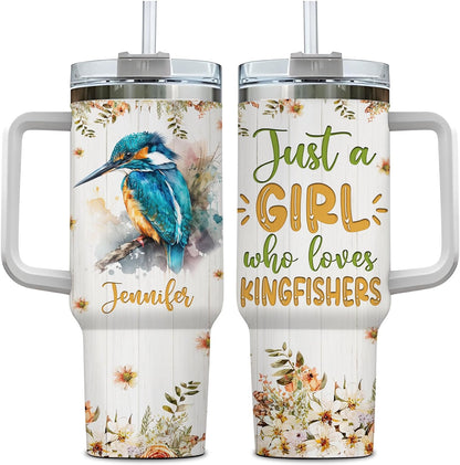 Kingfisher Tumbler 40oz – Personalized Stainless Steel Insulated Travel Cup with Handle & Straw – Artistic Bird Mug Gift for Women & Girls