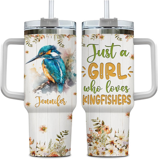 Kingfisher Tumbler 40oz – Personalized Stainless Steel Insulated Travel Cup with Handle & Straw – Artistic Bird Mug Gift for Women & Girls