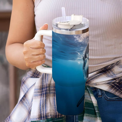 Great White Shark Tumbler 40oz – Personalized Stainless Steel Insulated Cup with Handle & Straw – Bold Gift for Shark Lovers