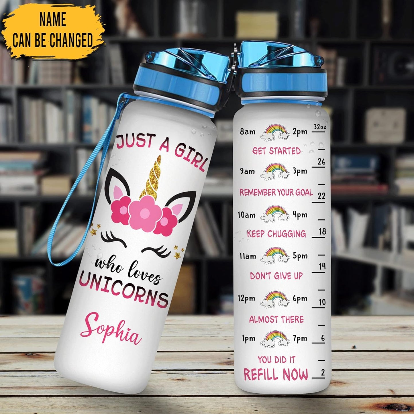 Unicorn Lovers Water Bottle Tracker 32oz – Personalized Cute Motivational Bottle with Time Marker – Magical Gift for Girls & Kids