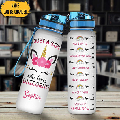 Unicorn Lovers Water Bottle Tracker 32oz – Personalized Cute Motivational Bottle with Time Marker – Magical Gift for Girls & Kids