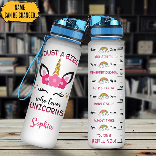 Unicorn Lovers Water Bottle Tracker 32oz – Personalized Cute Motivational Bottle with Time Marker – Magical Gift for Girls & Kids