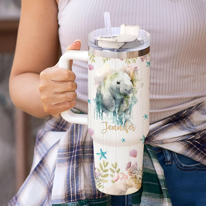 Manatee Ocean Lover Tumbler 40oz – Personalized Stainless Steel Travel Cup with Handle & Straw, Watercolor Marine Design – Unique Gift for Women & Girls