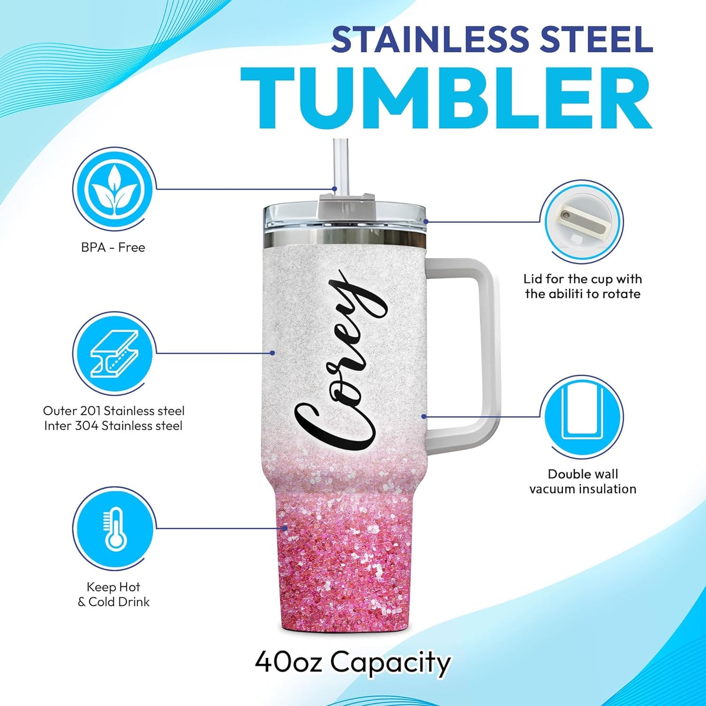 Flamingo Glitter Tumbler 40oz with Handle & Straw – Personalized Stainless Steel Insulated Cup with Lid – Fun Gift for Flamingo Lovers