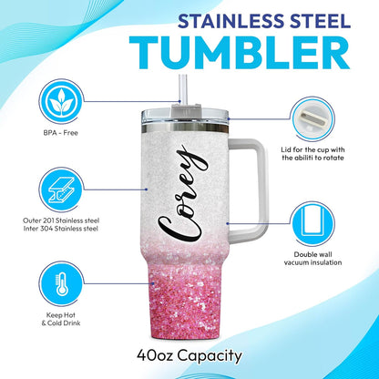 Flamingo Glitter Tumbler 40oz with Handle & Straw – Personalized Stainless Steel Insulated Cup with Lid – Fun Gift for Flamingo Lovers