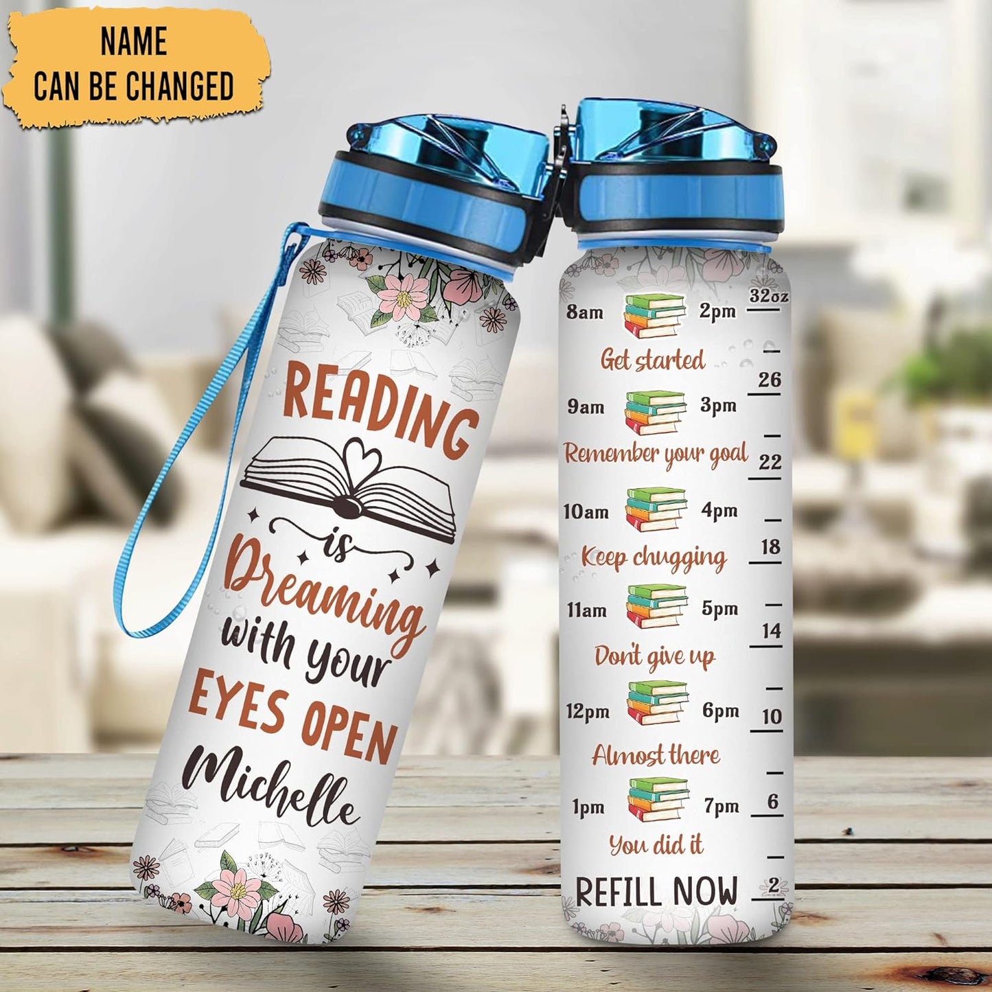 Reading Dreaming With Your Eyes Open Water Bottle Tracker 32oz – Personalized Motivational Hydration Bottle – Book Lovers Gift