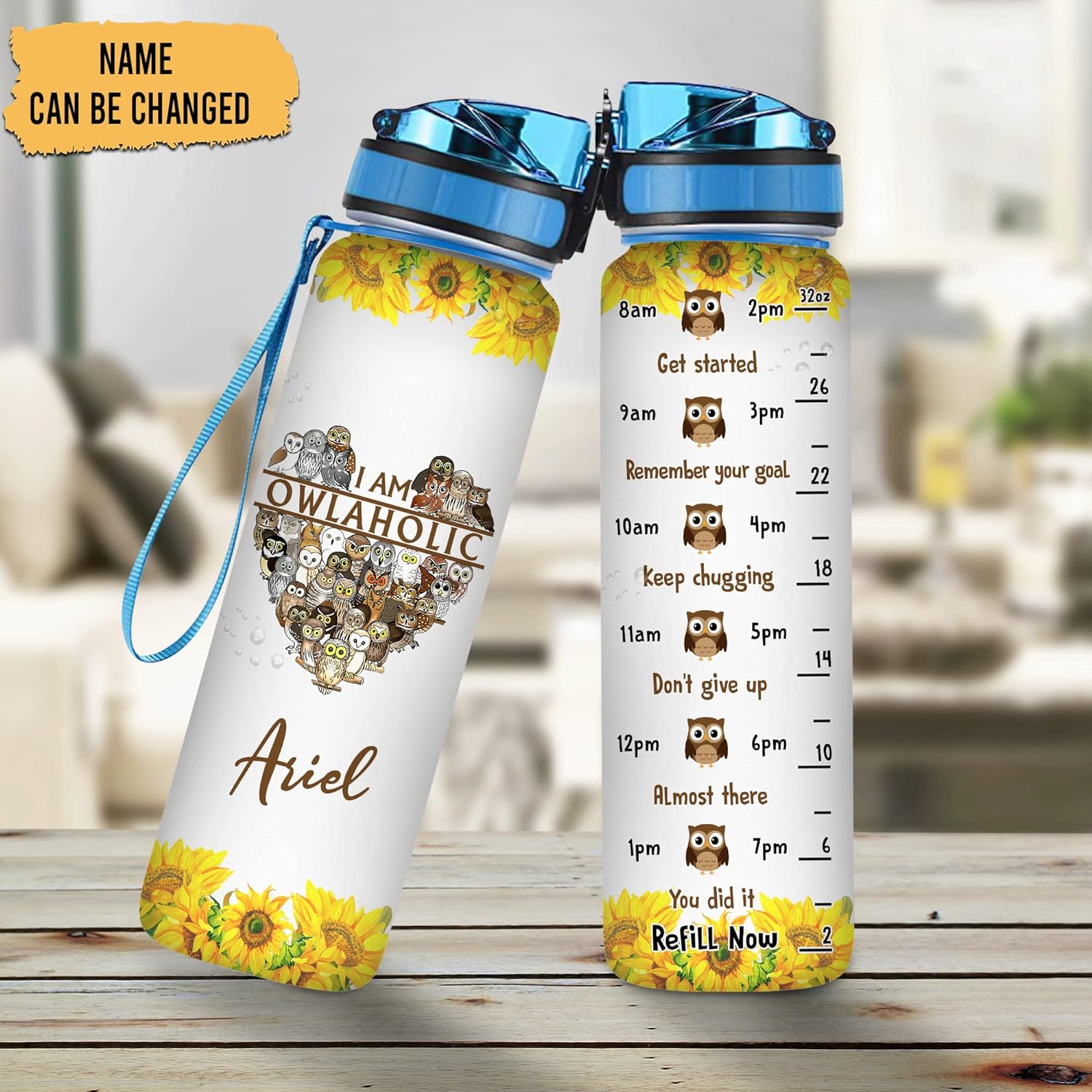 I Am Owlaholic Owl Water Bottle Tracker 32oz – Personalized Motivational Hydration Bottle – Fun Gift for Owl Lovers