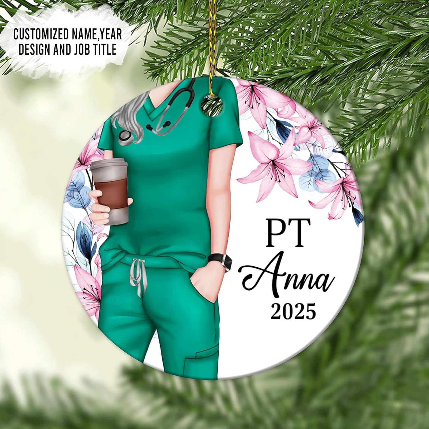Physical Therapist Scrubs Floral Ceramic Circle Ornament – Personalized Christmas Gift for PT or PTA, Clinic Team Appreciation Decor