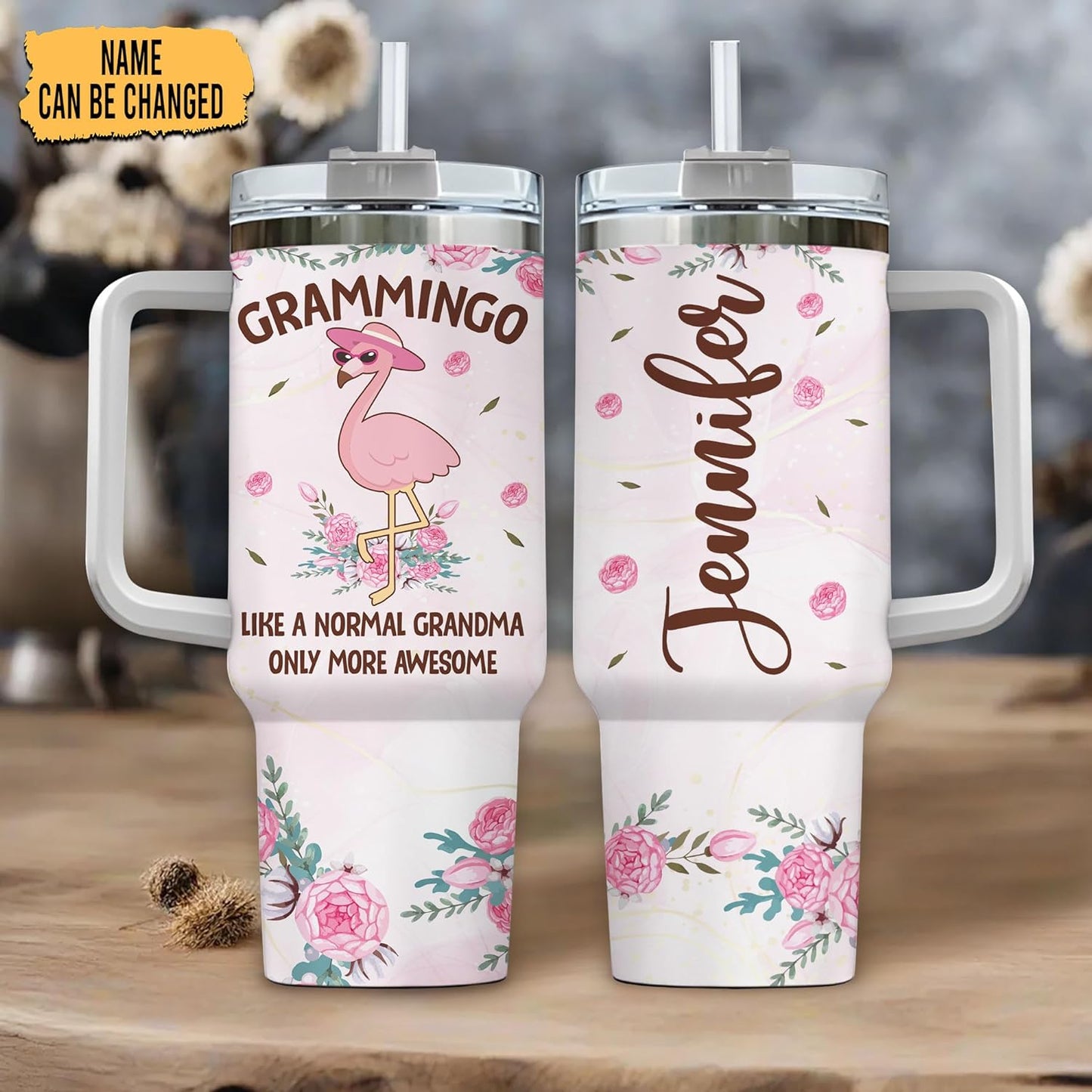 Grammingo Flamingo Grandma Tumbler 40oz with Handle & Straw – Personalized Stainless Steel Insulated Cup with Lid – Fun Gift for Grandma