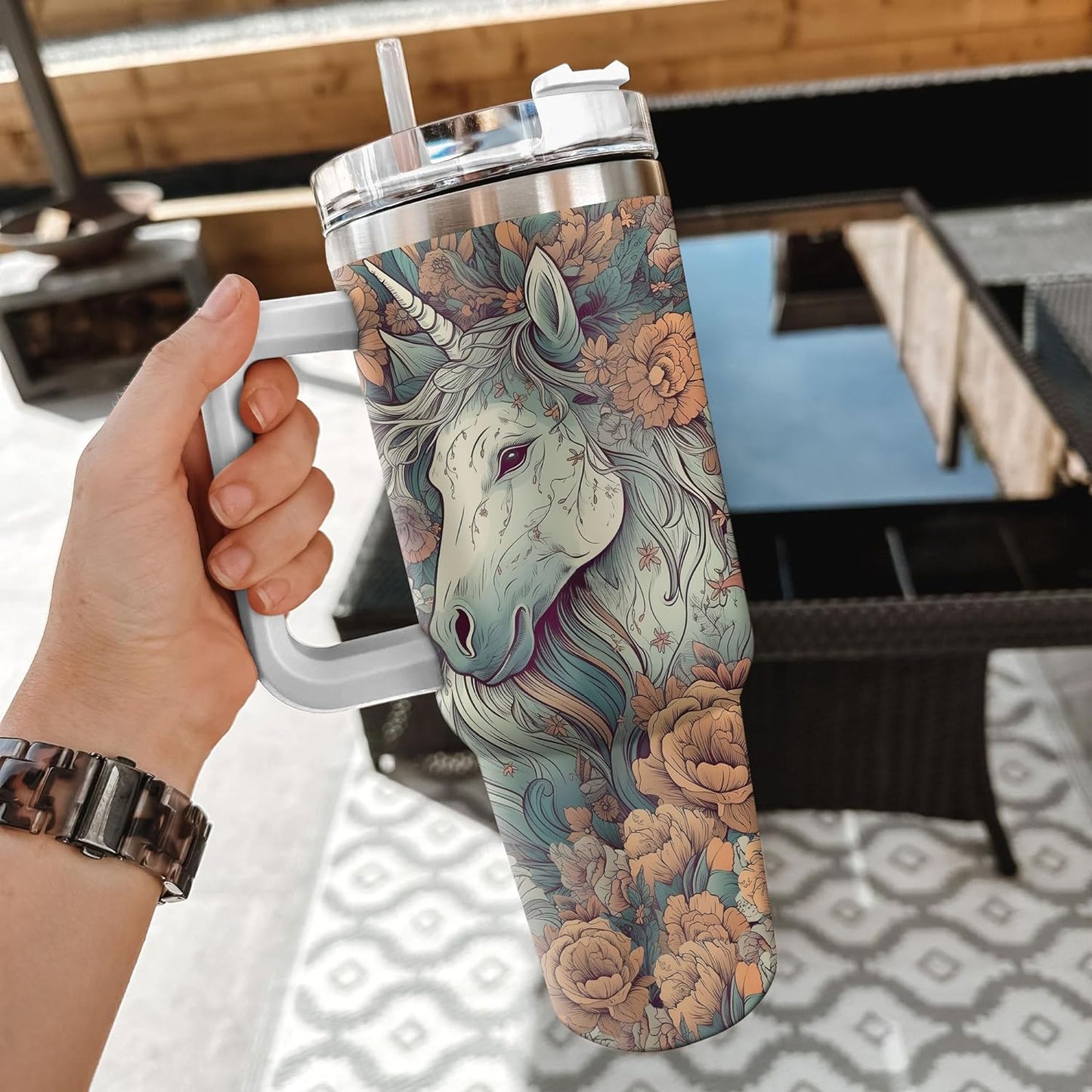 Floral Unicorn Tumbler 40oz with Handle & Straw – Personalized Stainless Steel Travel Cup with Lid – Magical Gift for Fantasy Lovers