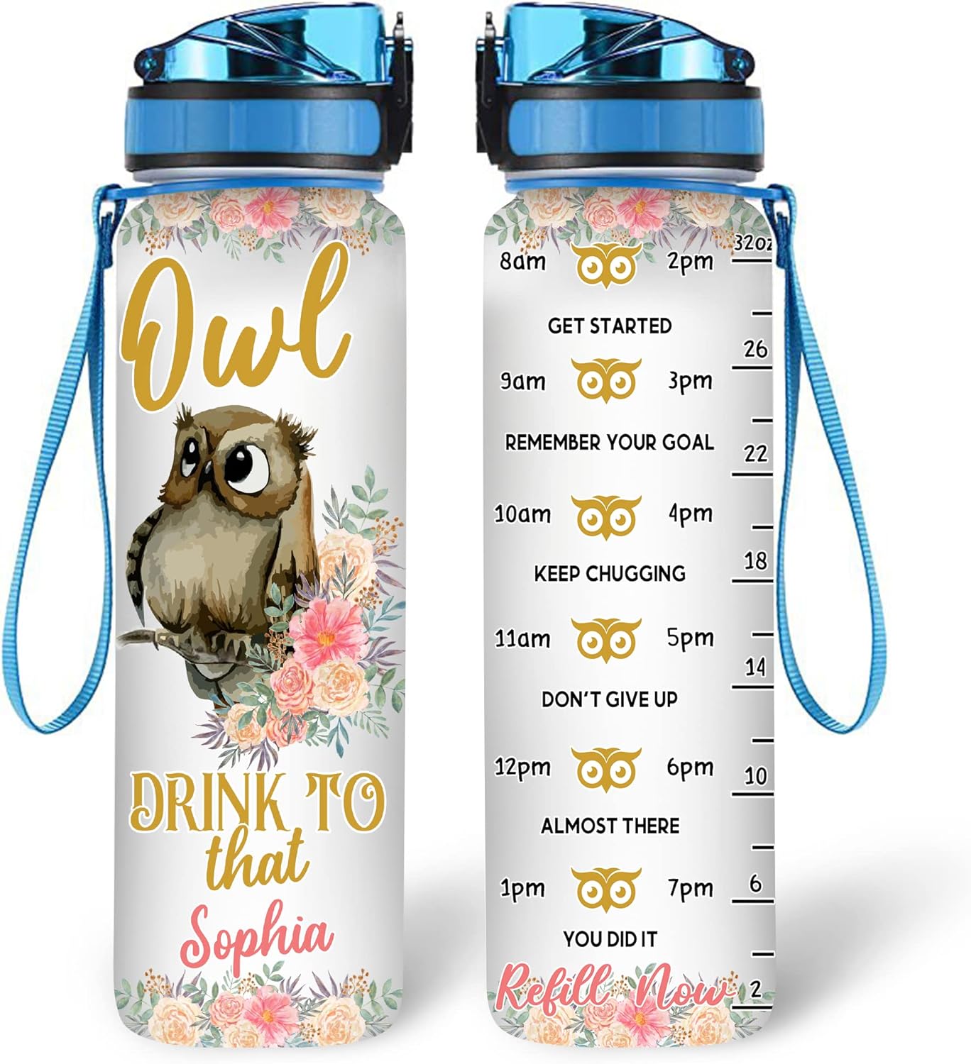 Owl Drink To That Water Bottle Tracker 32oz – Personalized Motivational Bottle with Time Marker – Fun Gift for Owl Lovers