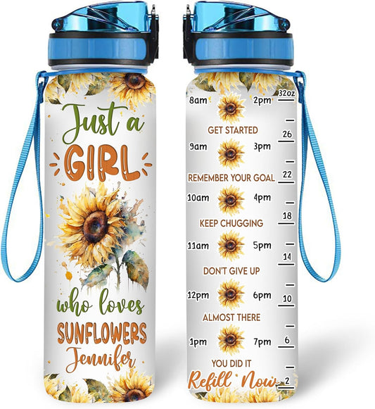 Dog Mom Sunflower Water Bottle Tracker 32oz – Personalized Motivational Bottle with Time Marker – Unique Gift for Dog Lovers