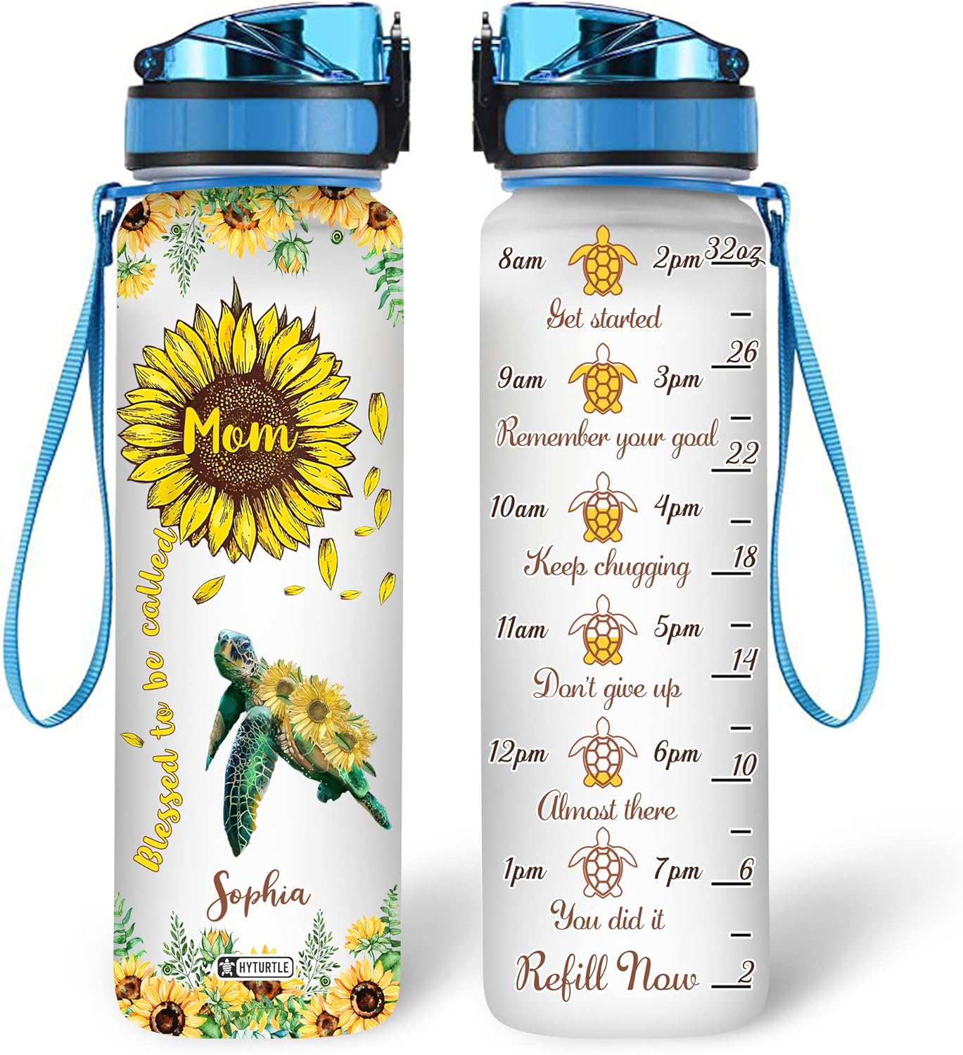 Blessed To Be Called Turtle Sunflower - Personalized Water Tracker Bottle 32oz