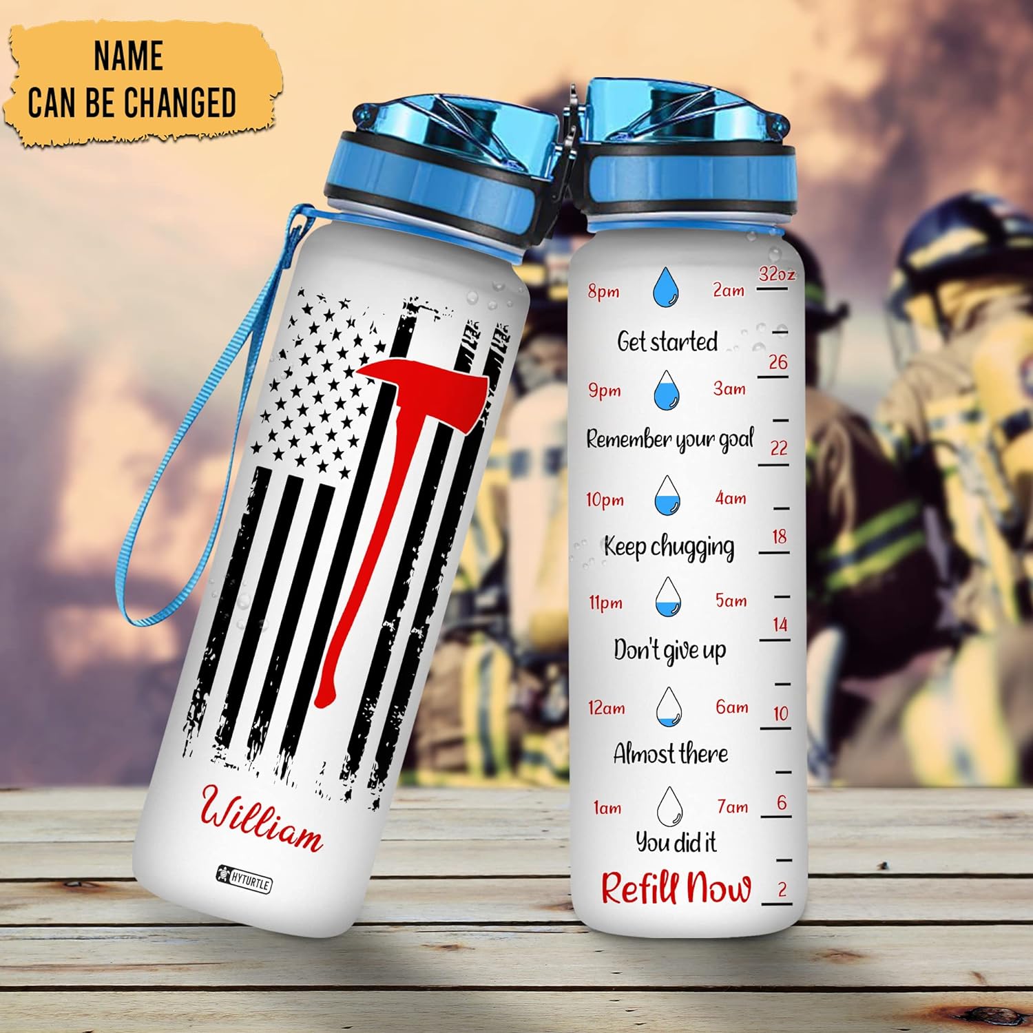 Firefighter USA Flag - Personalized Water Tracker Bottle 32oz