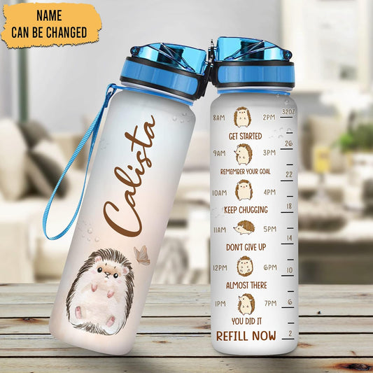 Hedgehog Water Bottle Tracker 32oz – Personalized Motivational Water Bottle with Time Marker – Cute Gift for Animal Lovers