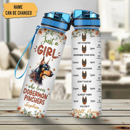 Doberman “Just A Girl Who Loves Doberman Pinschers” Water Bottle Tracker 32oz – Personalized Motivational Hydration Bottle with Time Marker – Strong Gift for Dog Lovers