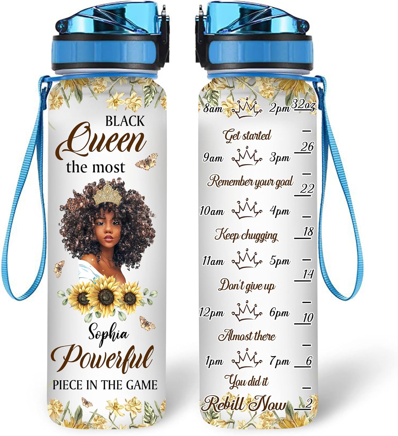 The Most Powerfull Black Queen - Personalized Water Tracker Bottle 32oz