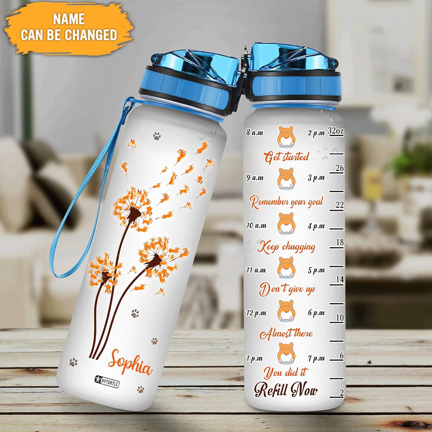 Dandelion Corgi - Personalized Water Tracker Bottle 32oz