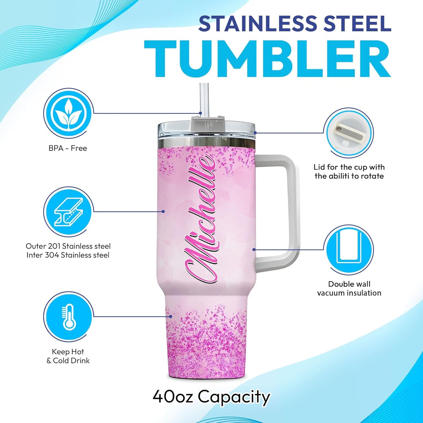 Pink Ribbon Awareness Tumbler 40oz with Handle & Straw – Personalized Stainless Steel Insulated Travel Cup with Lid – Inspirational Gift for Women