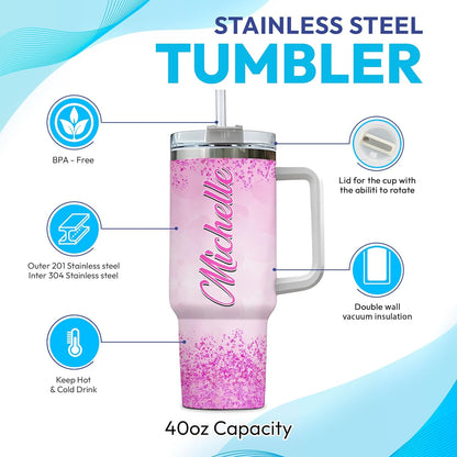 Pink Ribbon Awareness Tumbler 40oz with Handle & Straw – Personalized Stainless Steel Insulated Travel Cup with Lid – Inspirational Gift for Women