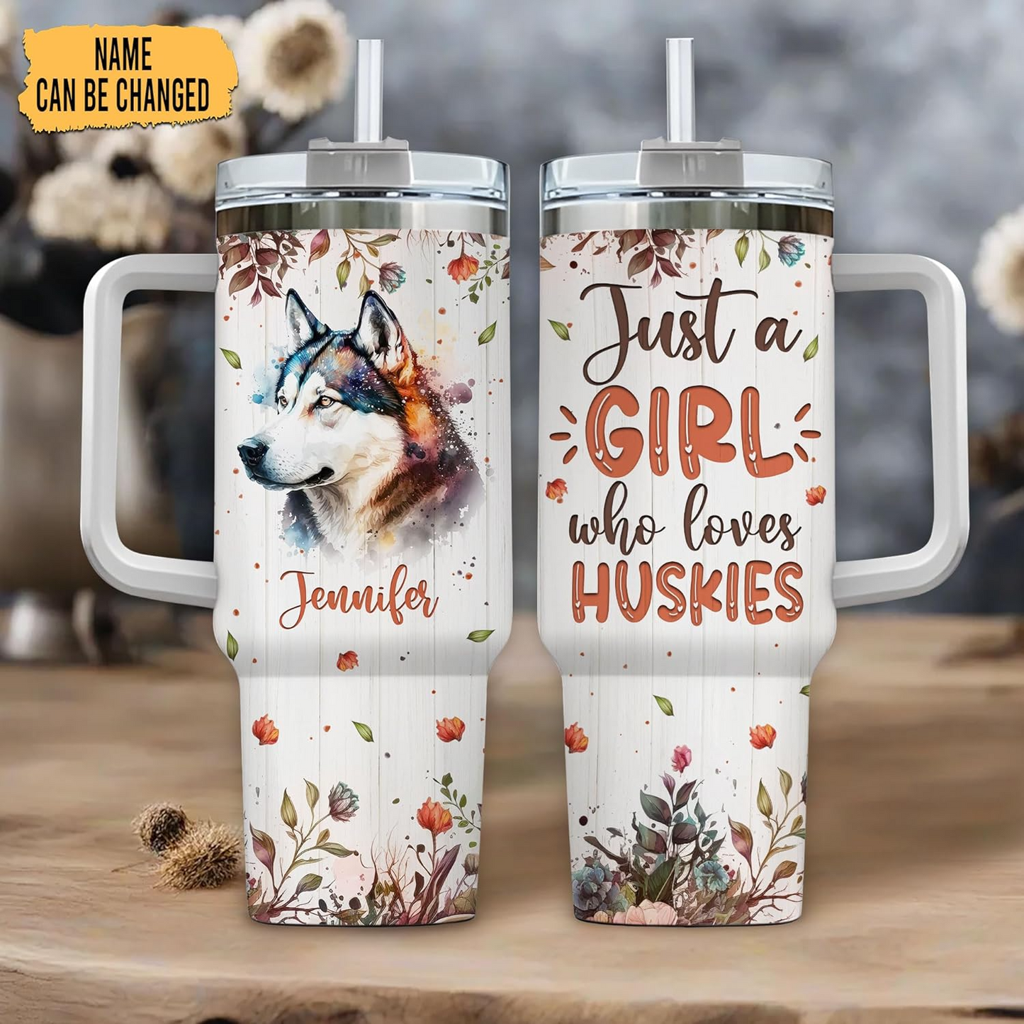 Husky Lover Tumbler 40oz with Handle & Straw – Personalized Stainless Steel Travel Cup with Lid – Creative Gift for Dog Lovers