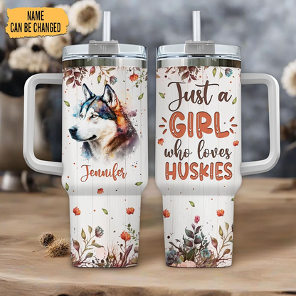 Husky Lover Tumbler 40oz with Handle & Straw – Personalized Stainless Steel Travel Cup with Lid – Creative Gift for Dog Lovers