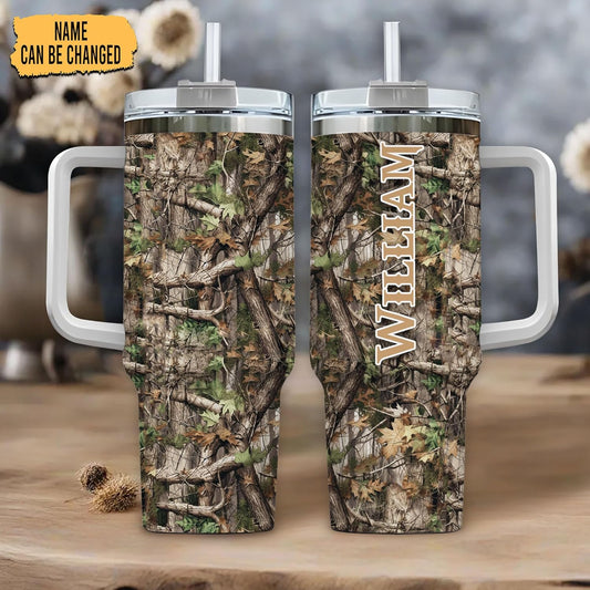 Deer Hunting Camo Tumbler 40oz – Personalized Stainless Steel Insulated Travel Cup with Handle & Straw – Practical Gift for Hunters