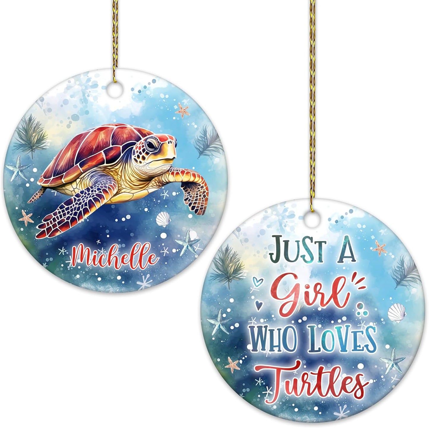Sea Turtle Ocean Blue Ceramic Ornament – Personalized Custom Name Circle Keepsake, Christmas or Birthday Gift for Turtle Lover