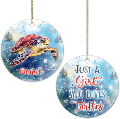 Sea Turtle Ocean Blue Ceramic Ornament – Personalized Custom Name Circle Keepsake, Christmas or Birthday Gift for Turtle Lover