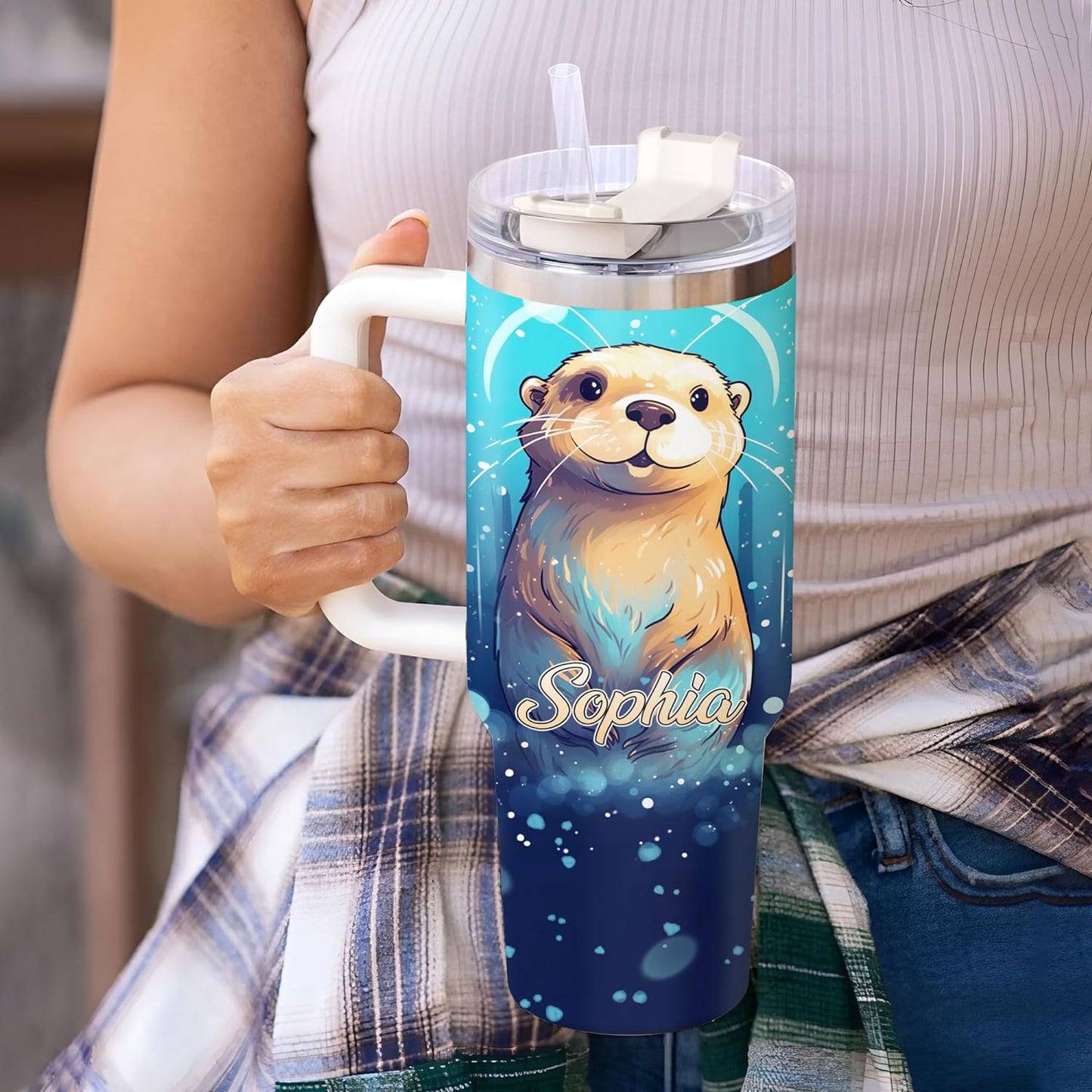 Funny Otter Quote Tumbler 40oz with Handle & Straw – Personalized Stainless Steel Insulated Travel Cup with Lid – Unique Gift for Otter Lovers