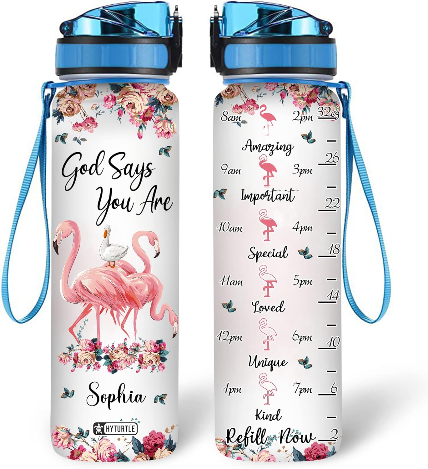 Inspirational Flamingo Water Bottle Tracker 32oz – Personalized Hydration Bottle with Time Marker – Thoughtful Gift for Women