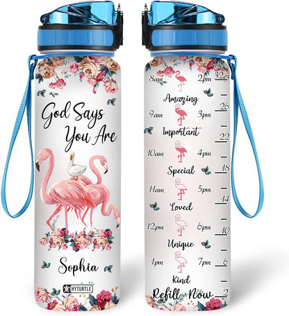 Inspirational Flamingo Water Bottle Tracker 32oz – Personalized Hydration Bottle with Time Marker – Thoughtful Gift for Women