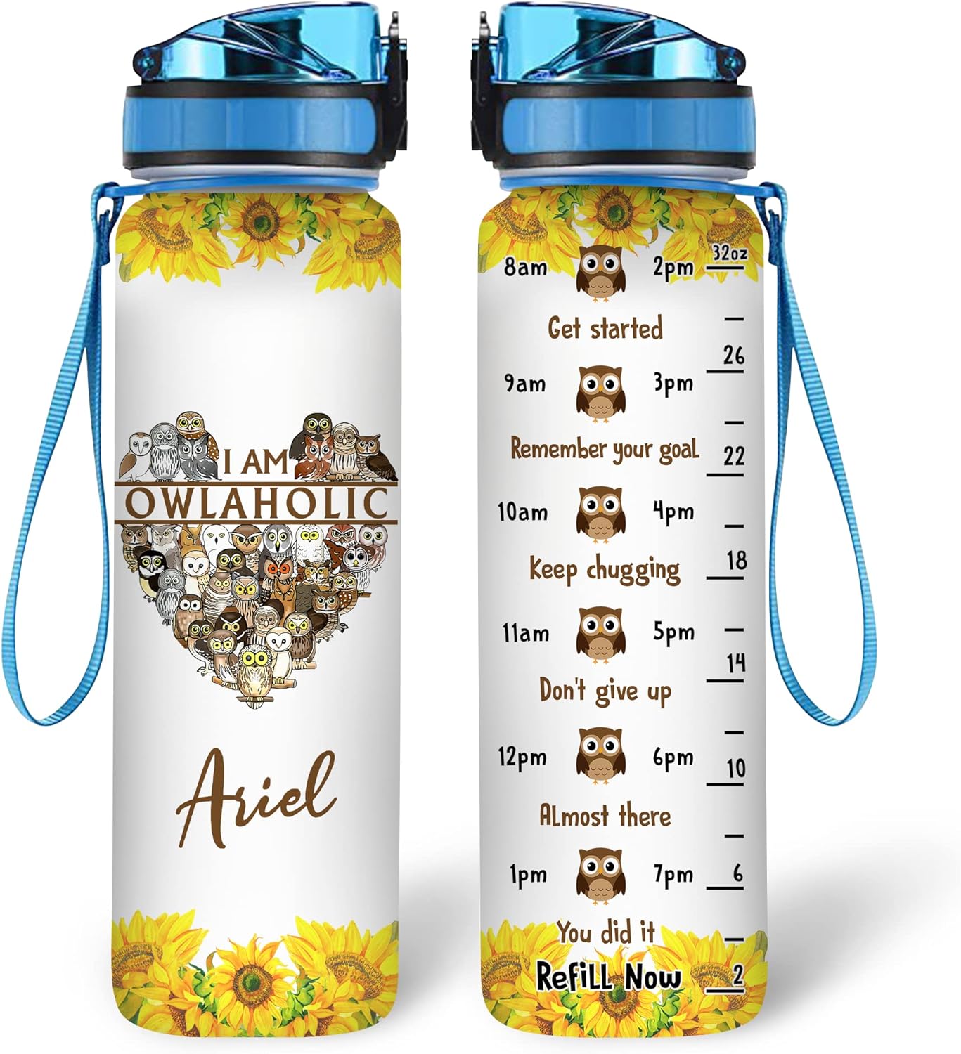 I Am Owlaholic Owl Water Bottle Tracker 32oz – Personalized Motivational Hydration Bottle – Fun Gift for Owl Lovers