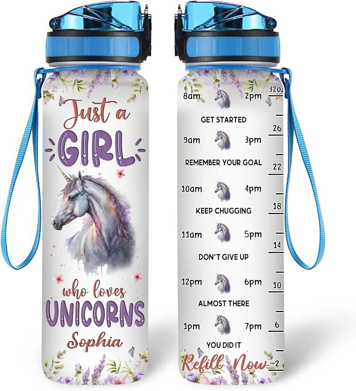 Unicorn Lovers Water Bottle Tracker 32oz – Personalized Motivational Bottle with Time Marker – Unique Gift for Girls & Fantasy Fans