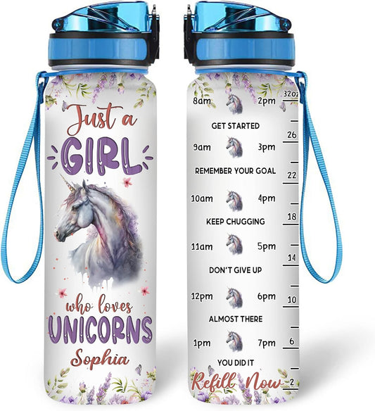 Unicorn Lovers Water Bottle Tracker 32oz – Personalized Motivational Bottle with Time Marker – Unique Gift for Girls & Fantasy Fans