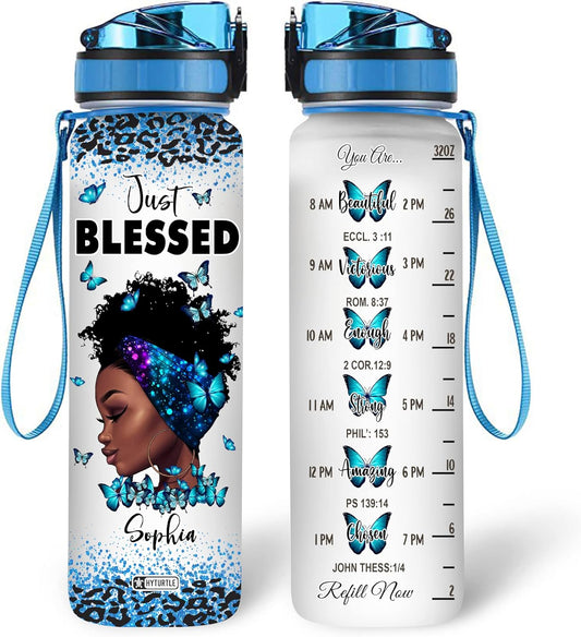Just Blessed Black Queen Water Bottle Tracker 32oz – Personalized Motivational Bottle with Time Marker – Empowering Gift for Women of Faith