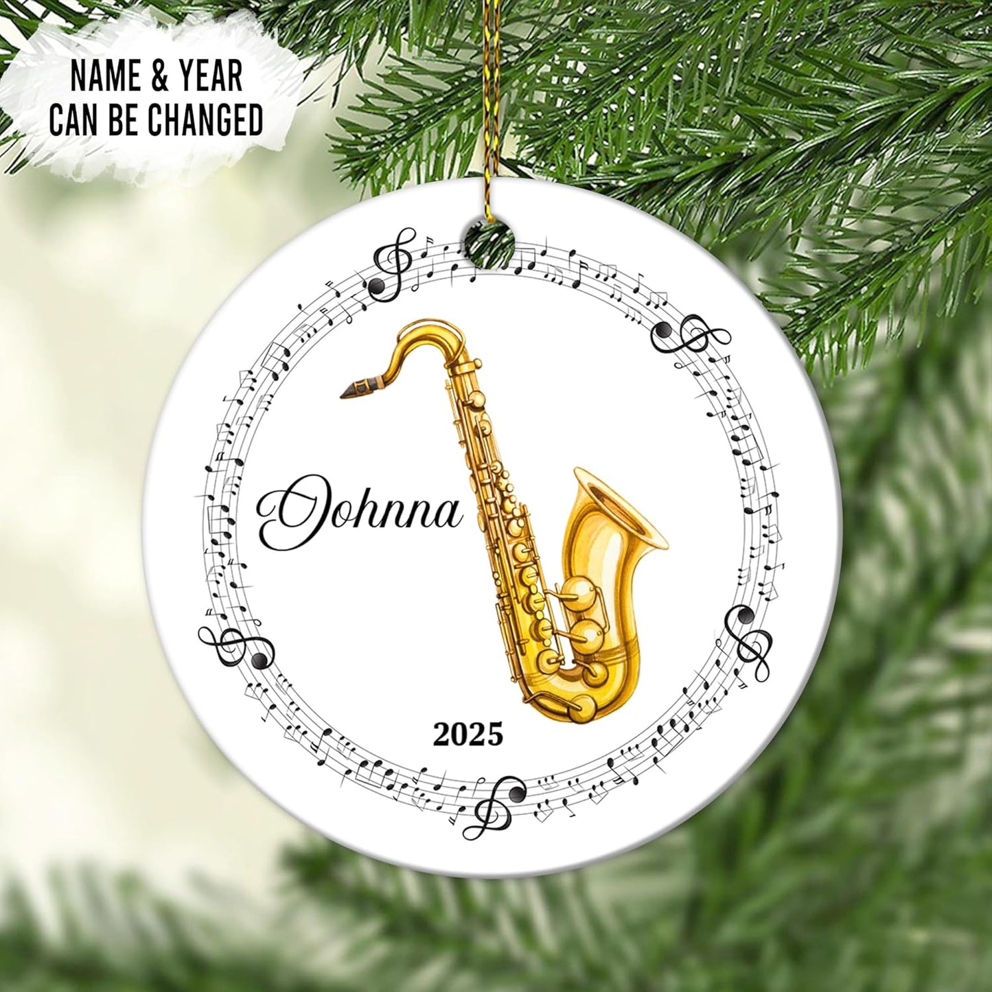 Saxophone with Music Notes Ceramic Ornament – Personalized Name, Custom Christmas Gift for Saxophonist, Band Member or Jazz Lover