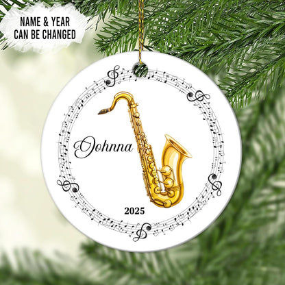 Saxophone with Music Notes Ceramic Ornament – Personalized Name, Custom Christmas Gift for Saxophonist, Band Member or Jazz Lover