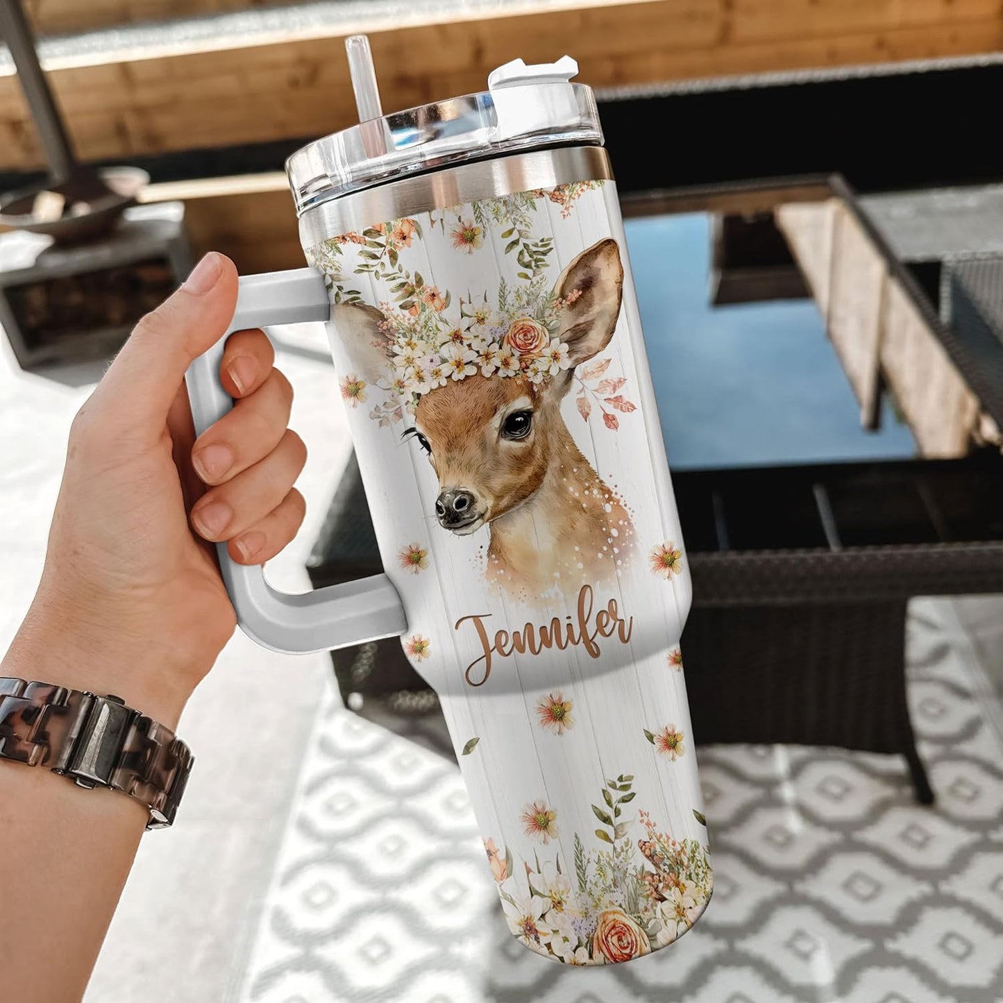 Woodland Deer 40oz Tumbler with Handle & Straw – Personalized Stainless Steel Insulated Travel Cup with Lid – Creative Gift for Nature Lovers