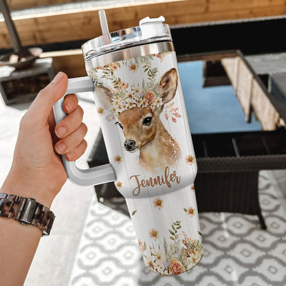 Woodland Deer 40oz Tumbler with Handle & Straw – Personalized Stainless Steel Insulated Travel Cup with Lid – Creative Gift for Nature Lovers